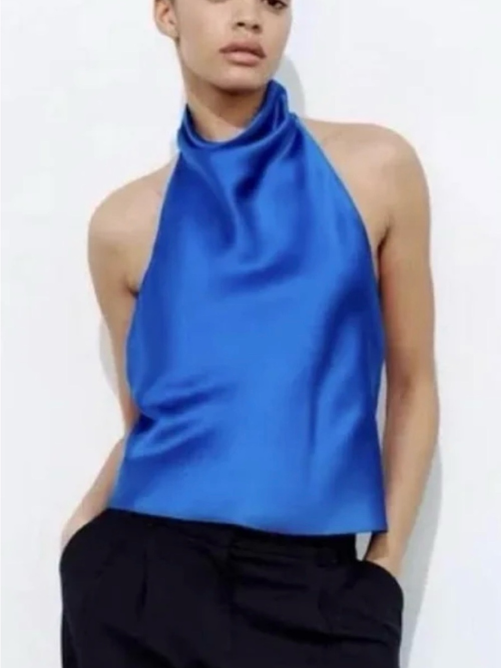 Zara Satin Halter Top in Royal Blue